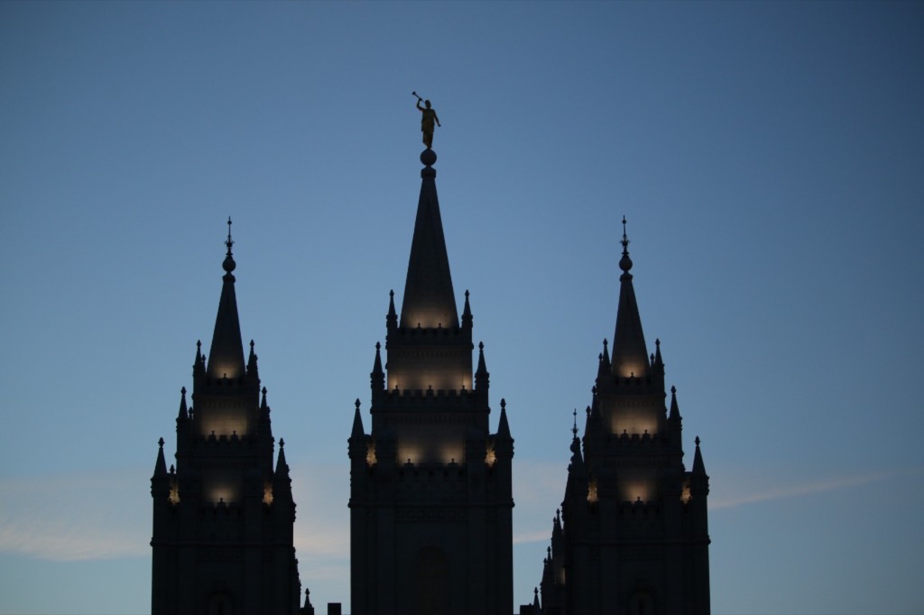 Salt Lake Temple spires at dusk